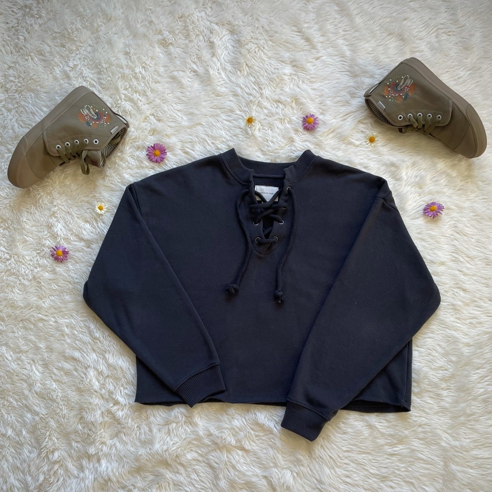 American Eagle Lace Up Grey Sweater